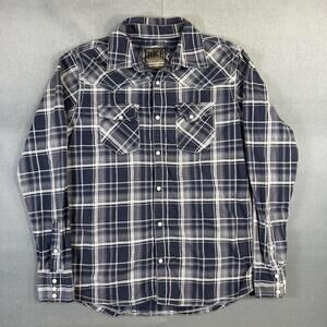BKE Buckle Pearl Snap Western Shirt Mens Medium Blue Plaid Athletic Fit Stretch
